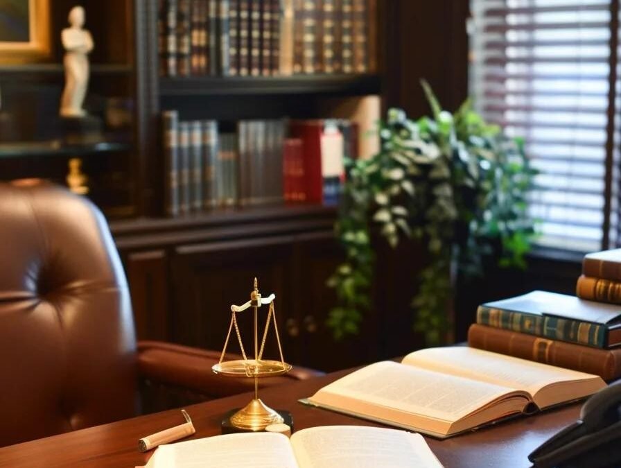 A professional criminal defense attorney's office, featuring a well-organized desk, legal texts, and a welcoming atmosphere.