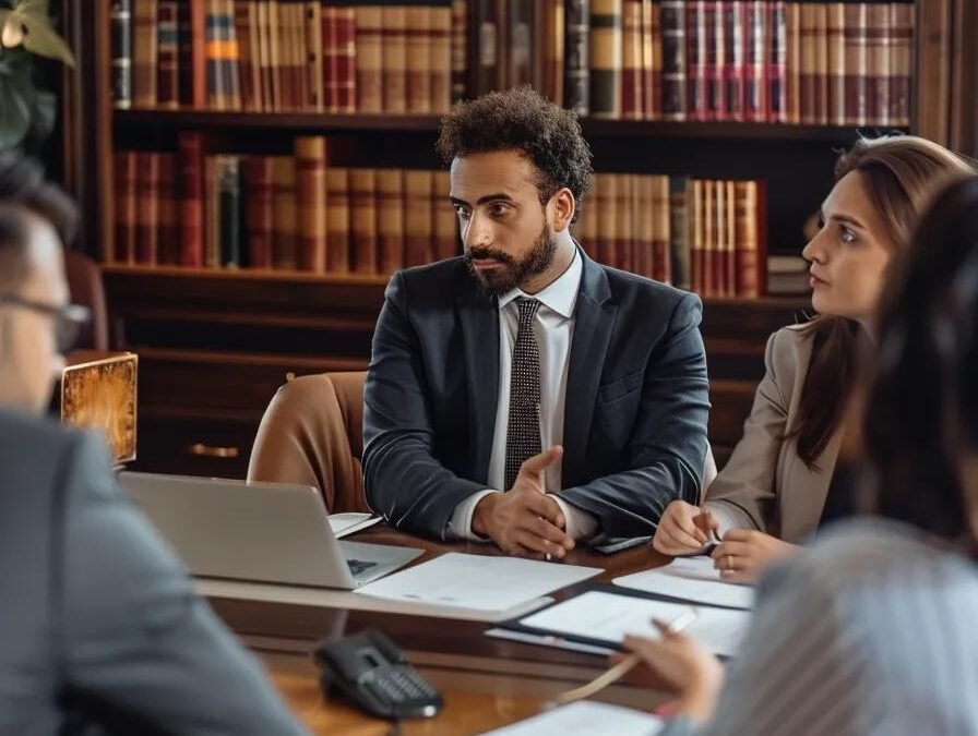 A group of people in a professional office setting discussing legal matters with an attorney.